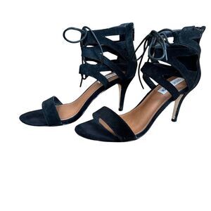 Steve Madden Strappy Black Suede Open Toe Heel Shoes Size 8